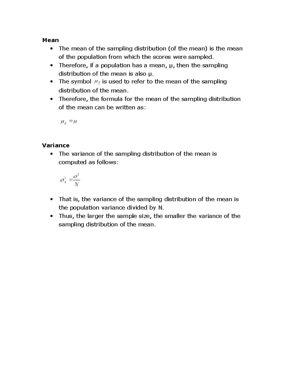Mean and Variance of sampling dist - Mean The mean of the sampling ...