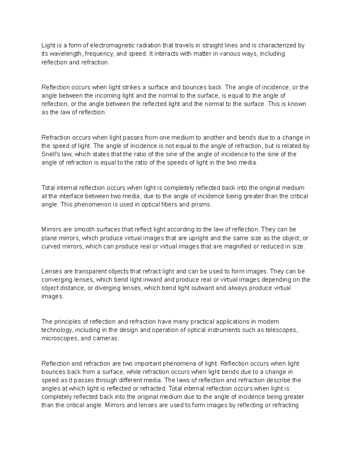 Reflection and Refraction of Light Notes Light is a form of