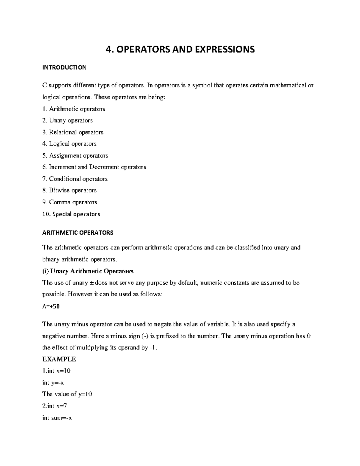 C programming notes -ch 4 - 4. OPERATORS AND EXPRESSIONS INTRODUCTION C ...