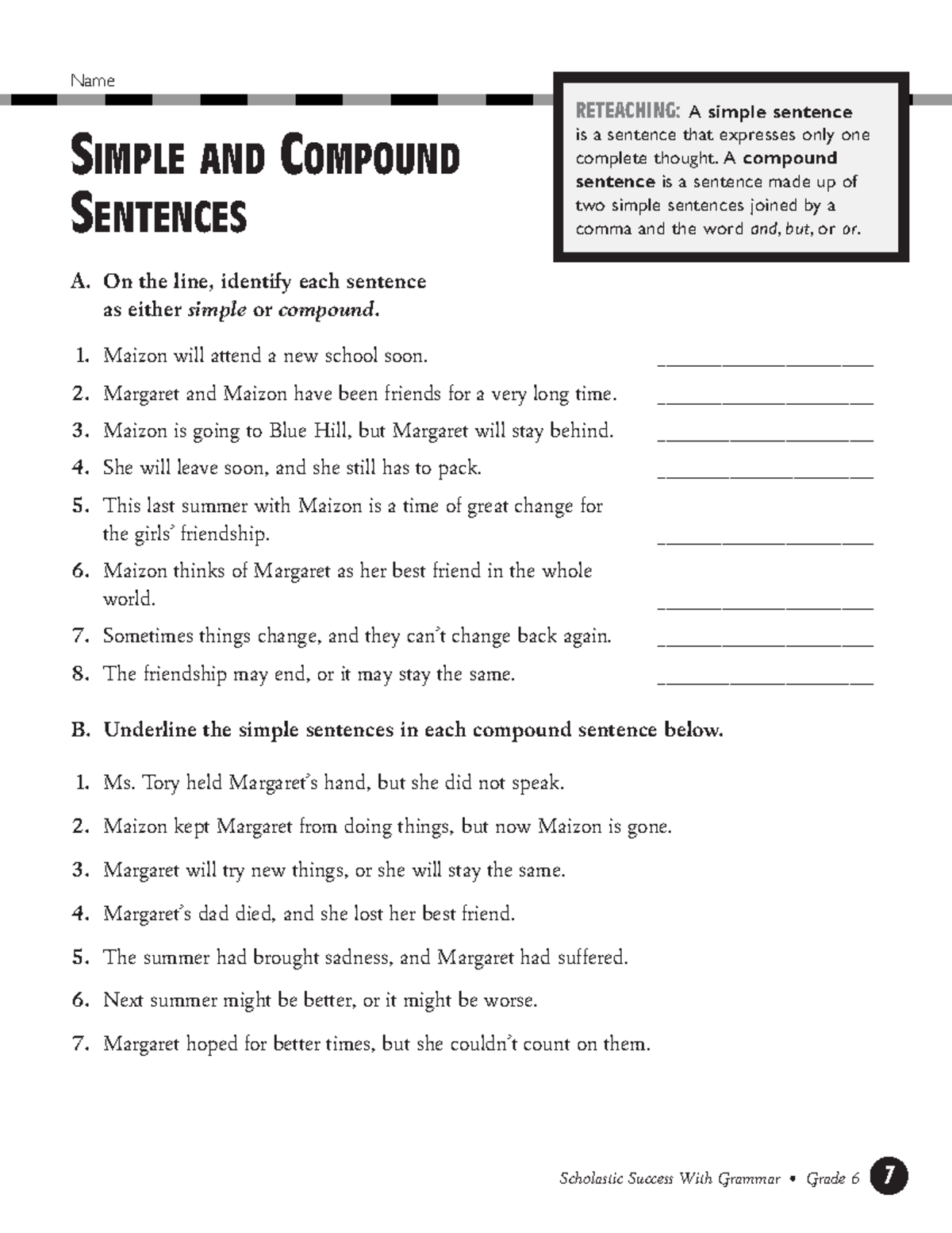 Simple and compound sentences 1 - Name SIMPLE AND COMPOUND SENTENCES ...