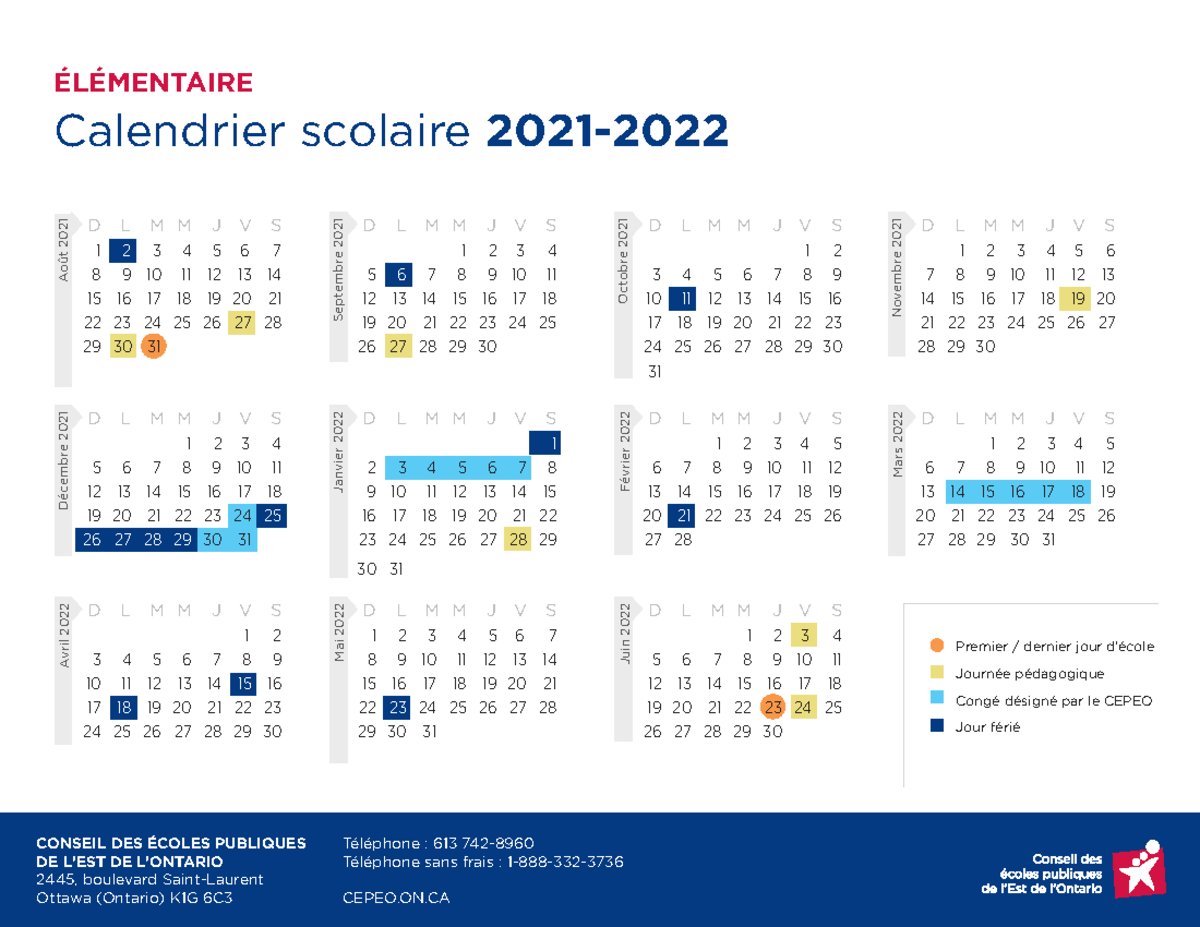 Mini calendrier elementaire 2021-2022-1 - ÉLÉMENTAIRE Calendrier ...