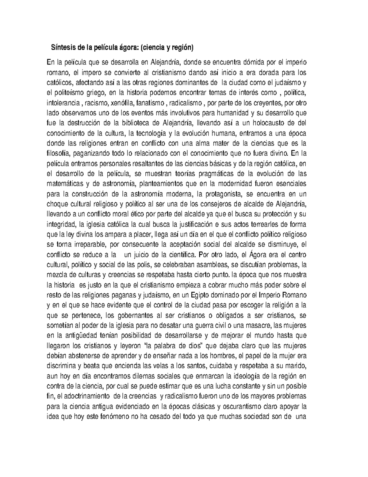 Síntesis de la película ágora Síntesis de la película ágora (ciencia y región) En la película