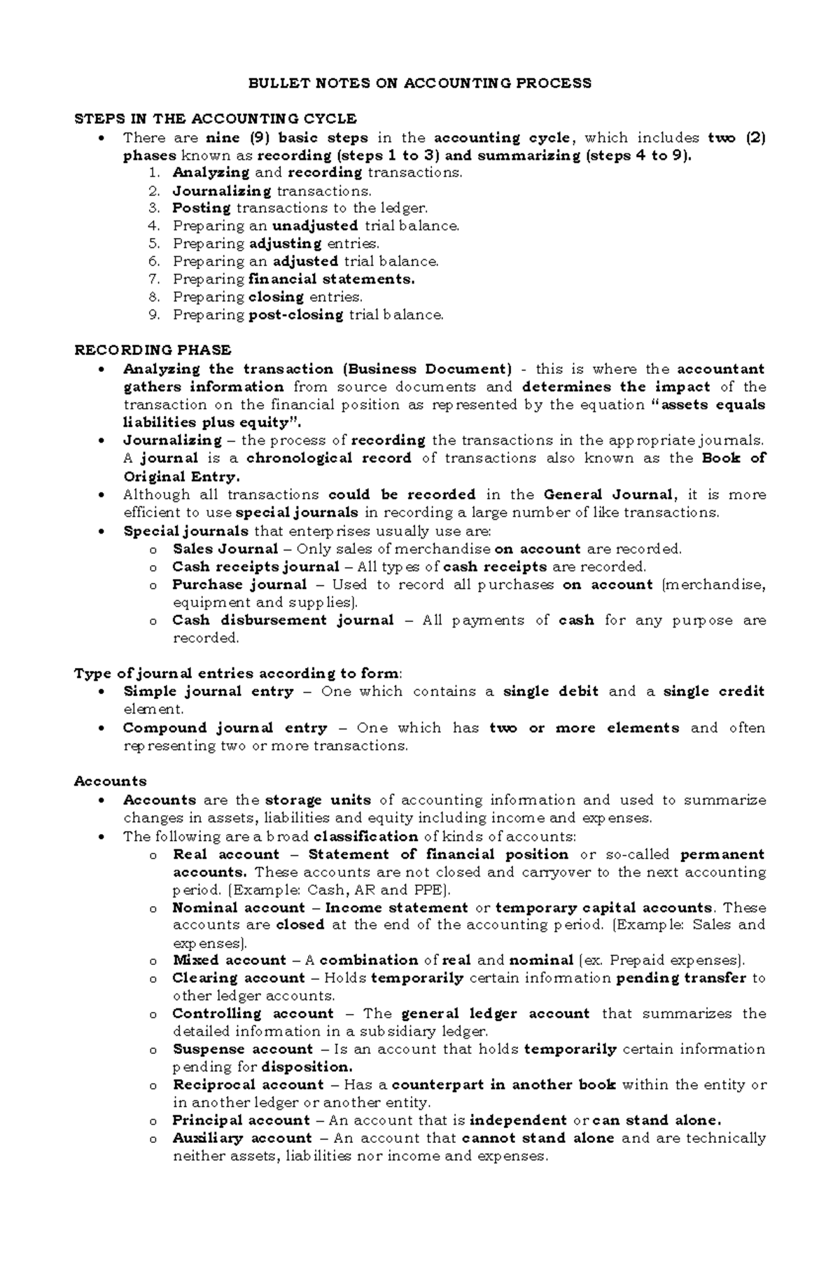 FAR NOTES ONE - ACCTING - BULLET NOTES ON ACCOUNTING PROCESS STEPS IN ...