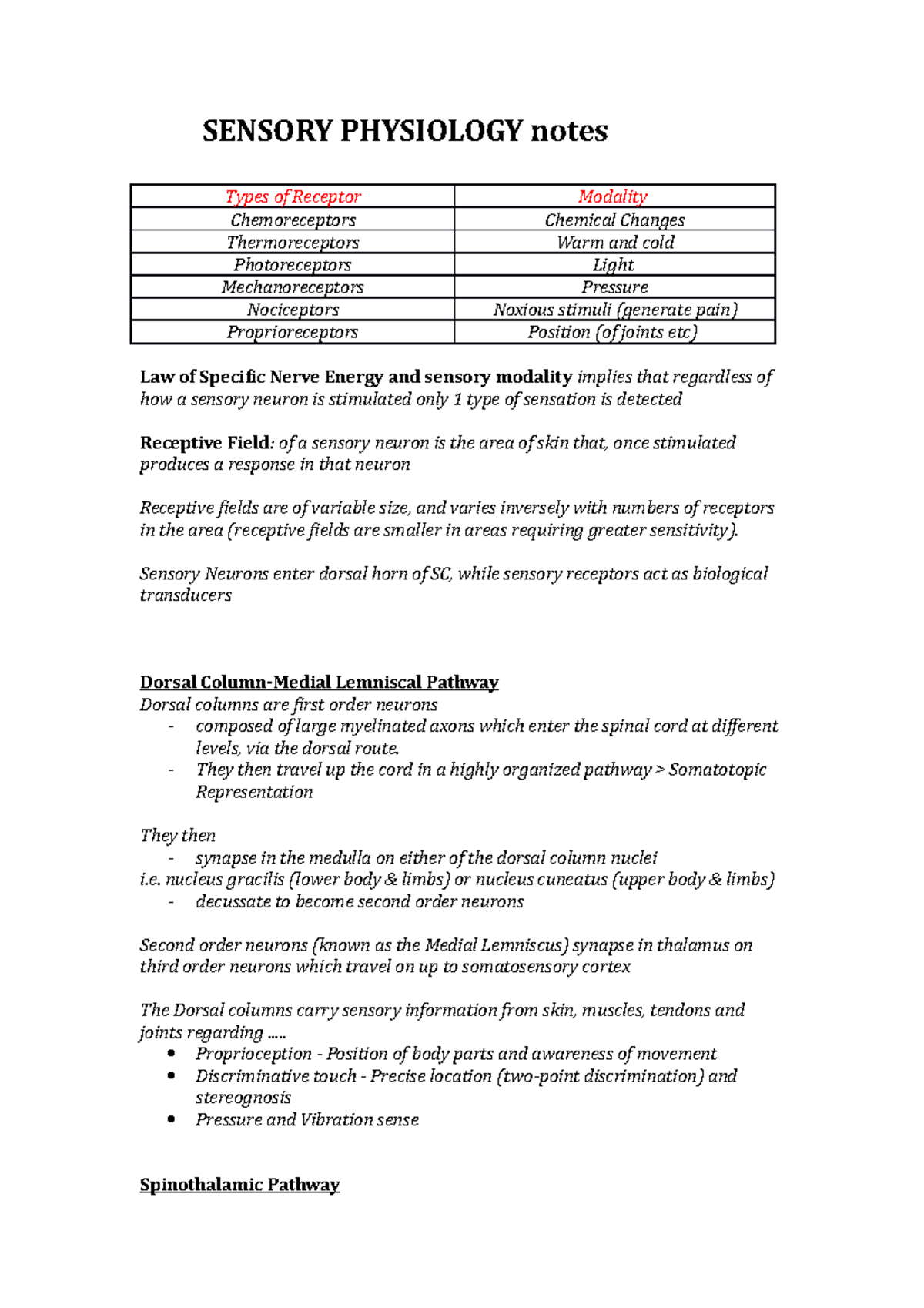 Sensory Physiology notes - SENSORY PHYSIOLOGY notes Types of Receptor ...
