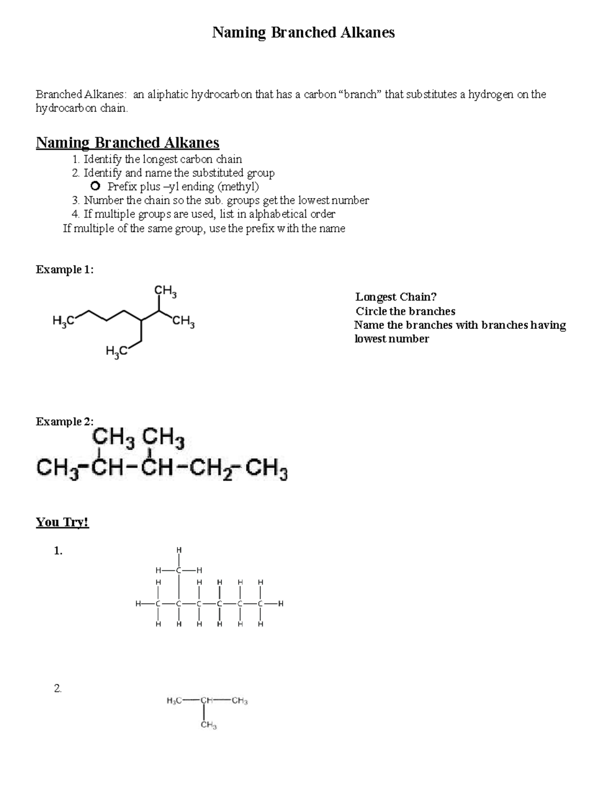 WKST Branched Alkanes - notes - Naming Branched Alkanes Branched ...