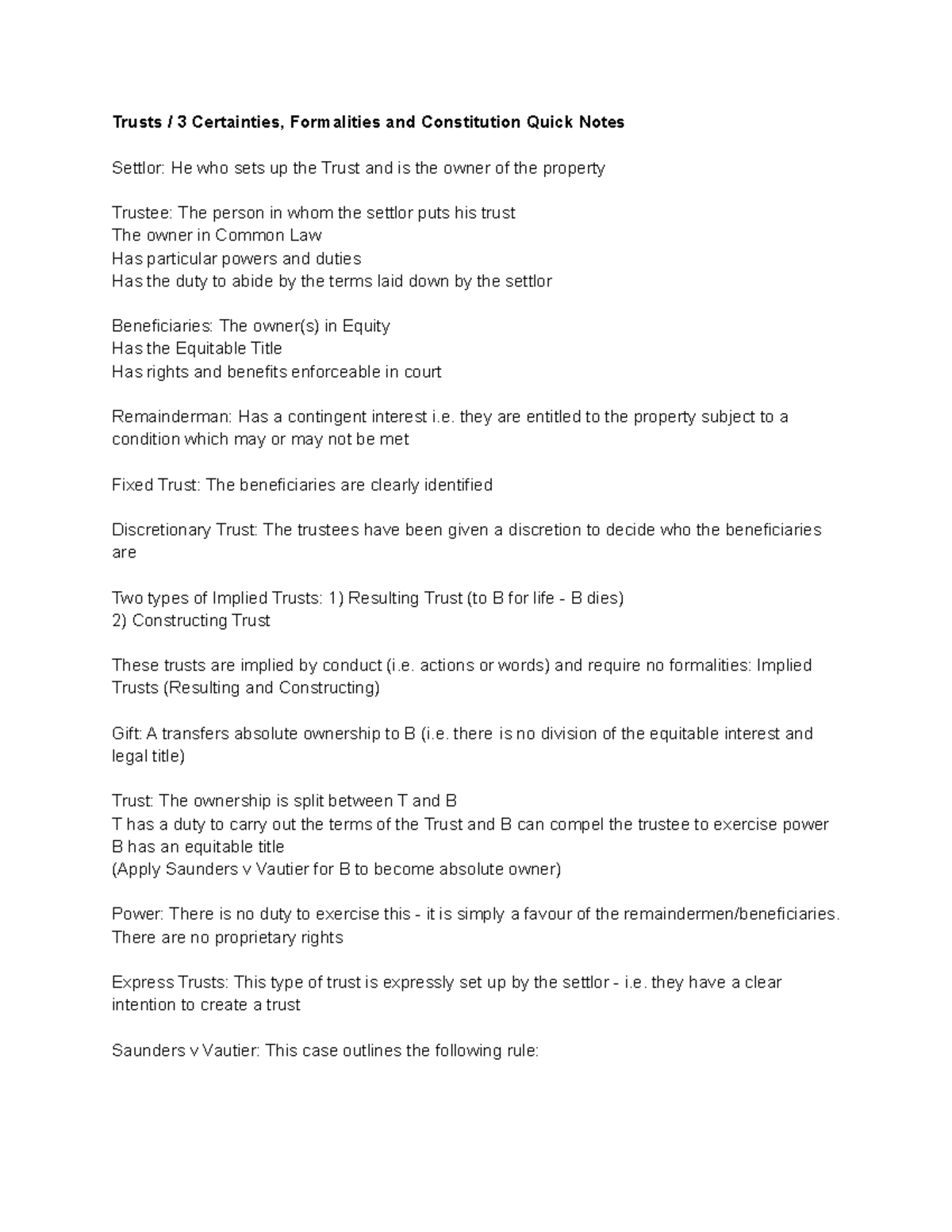 Trusts 3 Certainties, Formalities and Constitution Quick Notes - Trusts ...