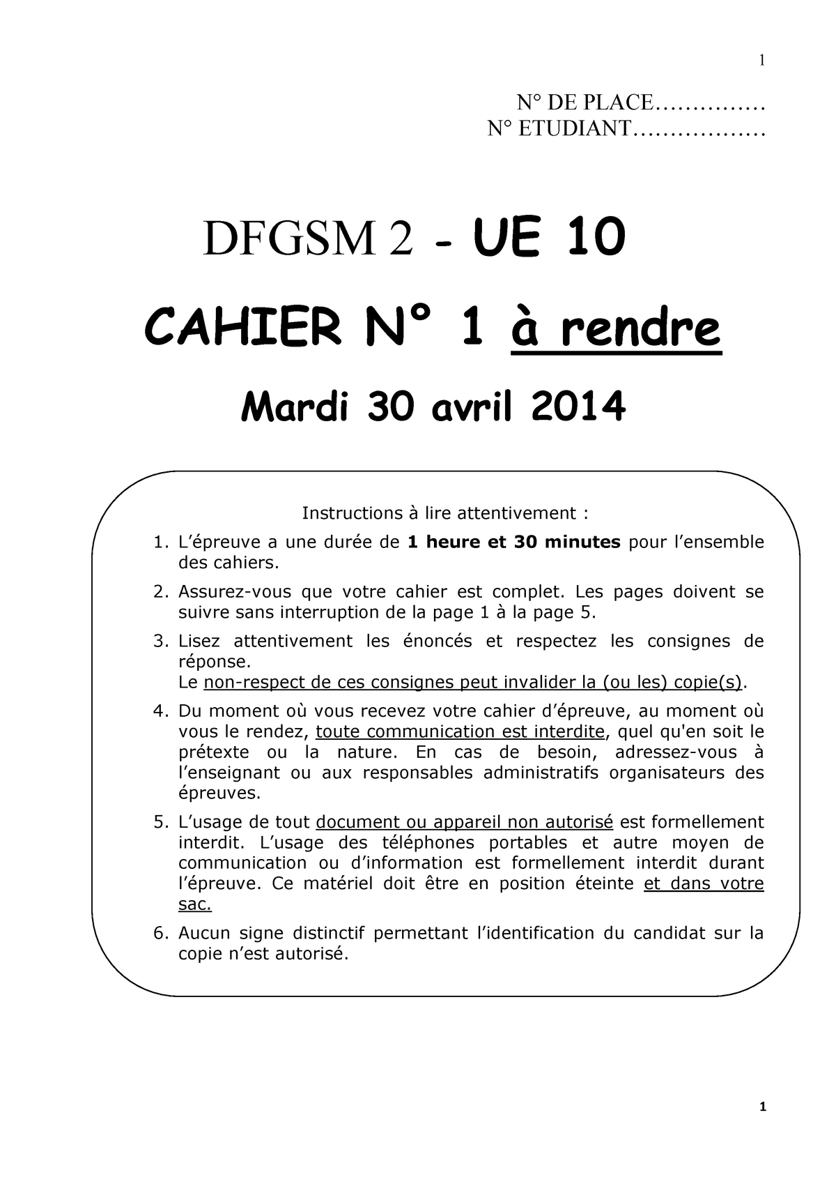 Examen 1 Janvier 2017, Questions Et Réponses - N° DE PLACE ...