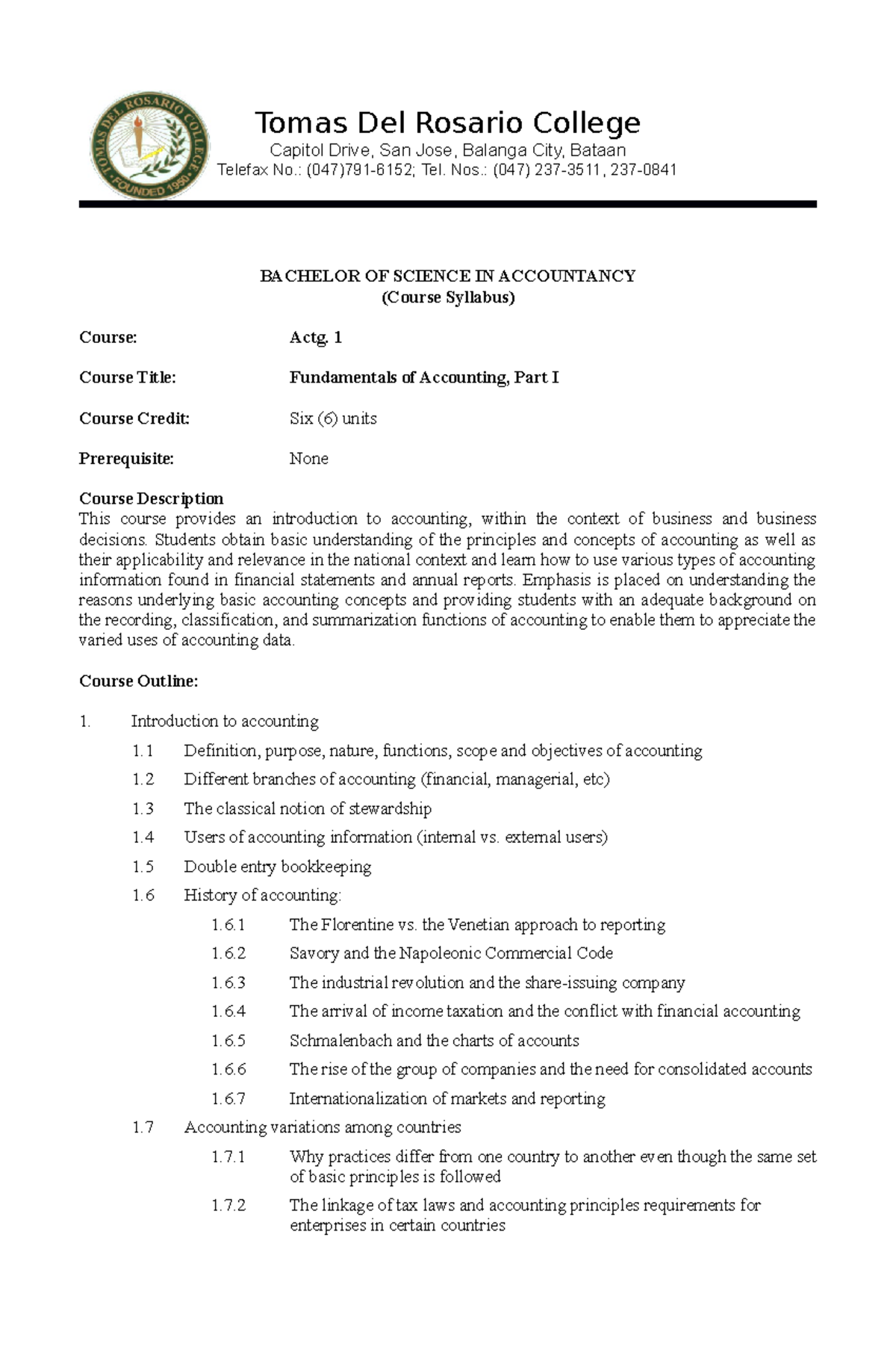 Actg 1 Fundamentals of Accounting, Part I - Tomas Del Rosario College ...