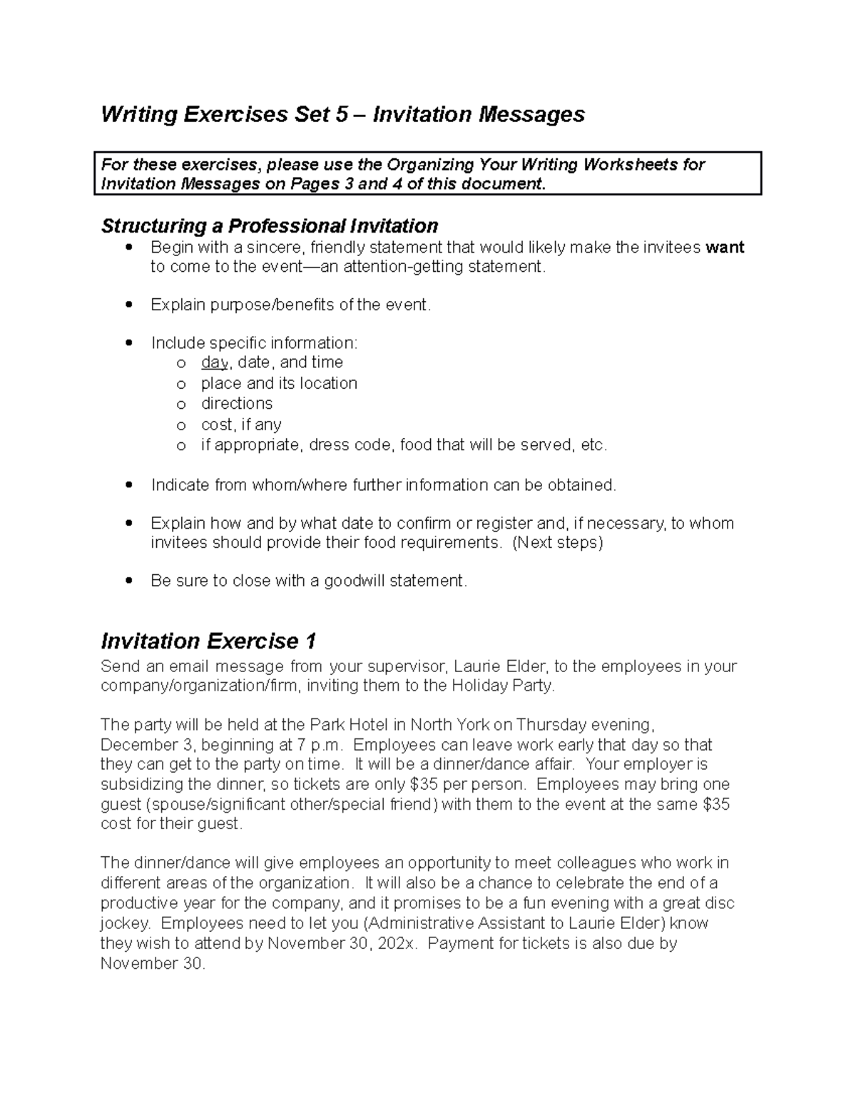 Writing Exercises Set5Invitation Messages Writing Exercises Set 5 Invitation Messages For