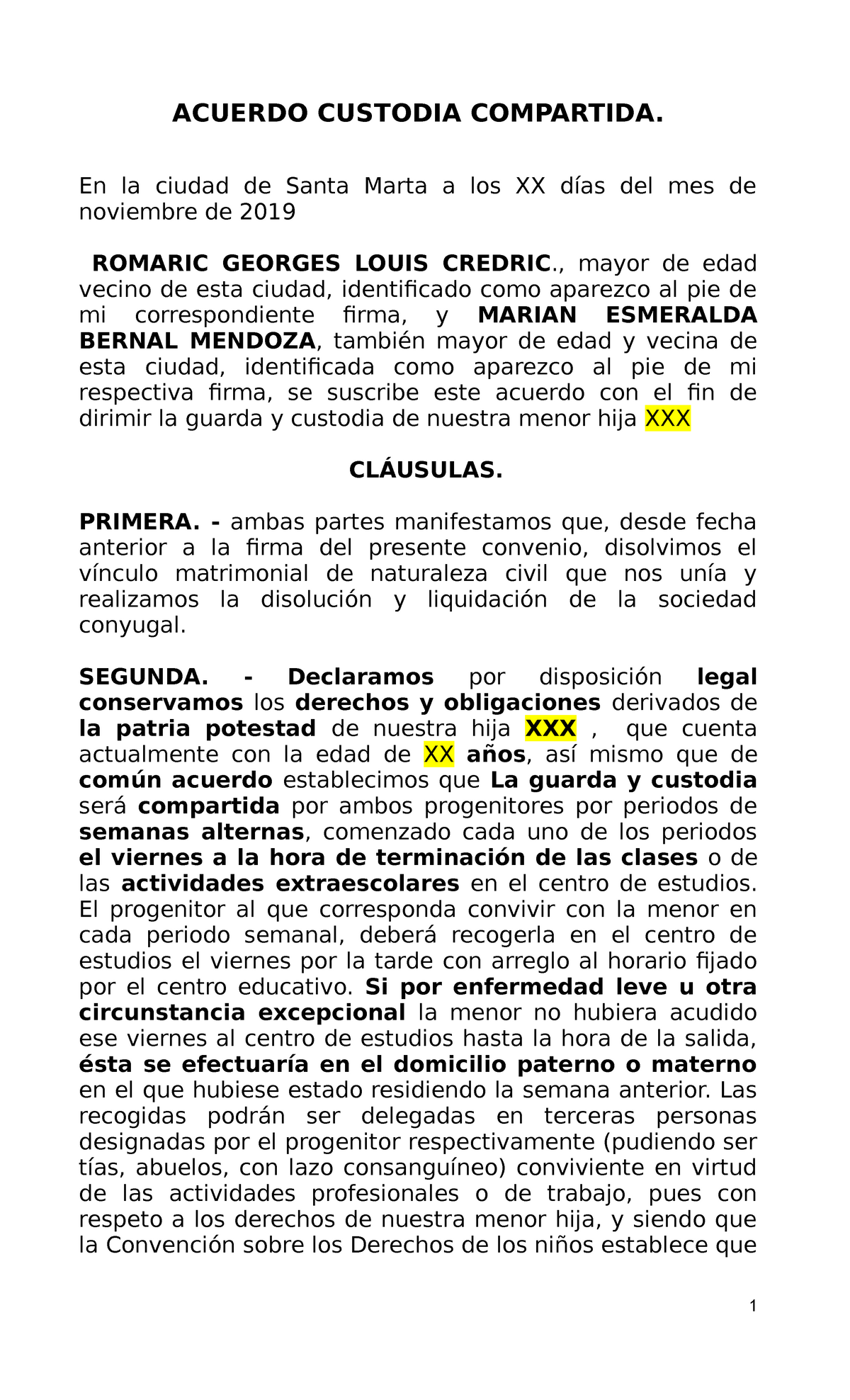 Acuerdo Custodia Acuerdo Custodia Compartida En La Ciudad De Santa Marta A Los Xx Días Del 5083