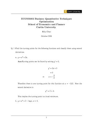 Sol tutorial 07 - ECOM5002 Business Quantitative Techniques Tutorial 7 ...