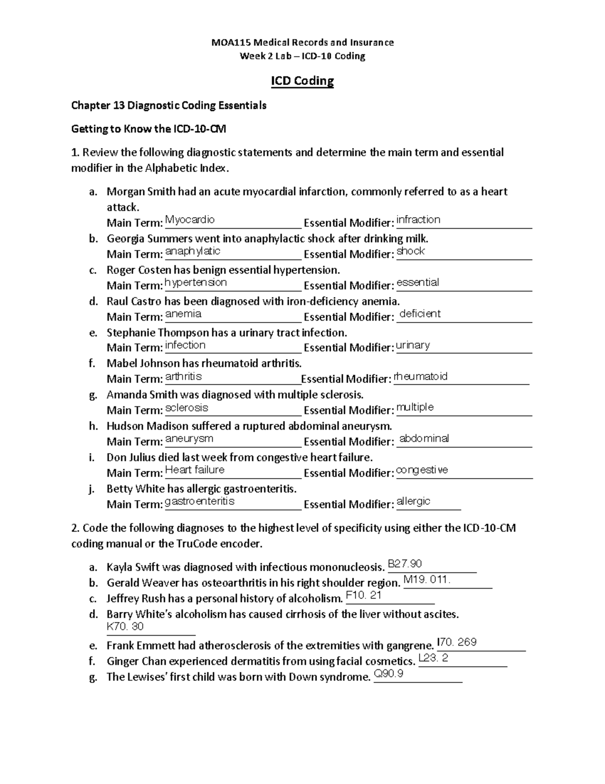 MOA115 Medical Records And Insurance Week 2 Lab Coding ICD Coding ...