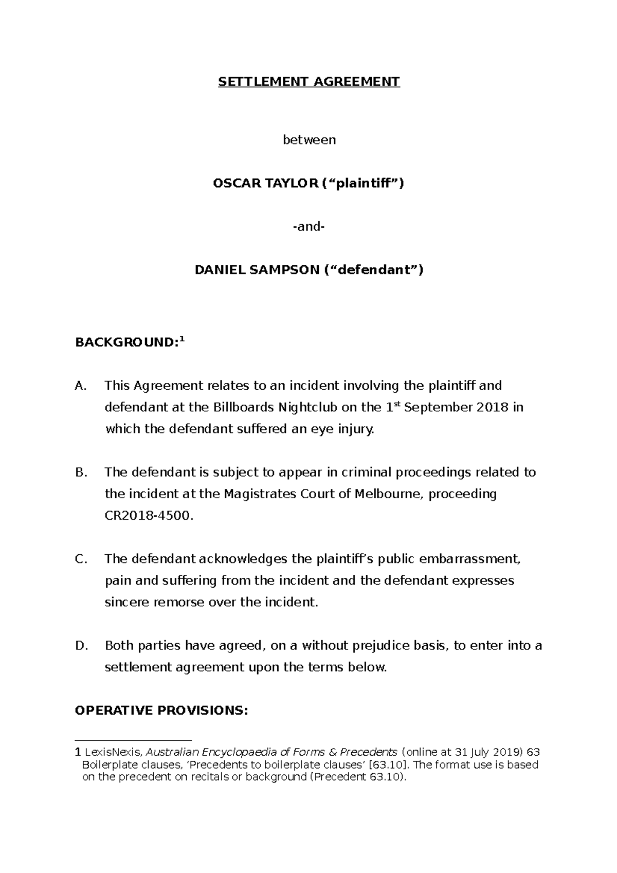 Settlement Agreement - LLW22 - Legal Writing and Drafting - VU Throughout damages settlement agreement template