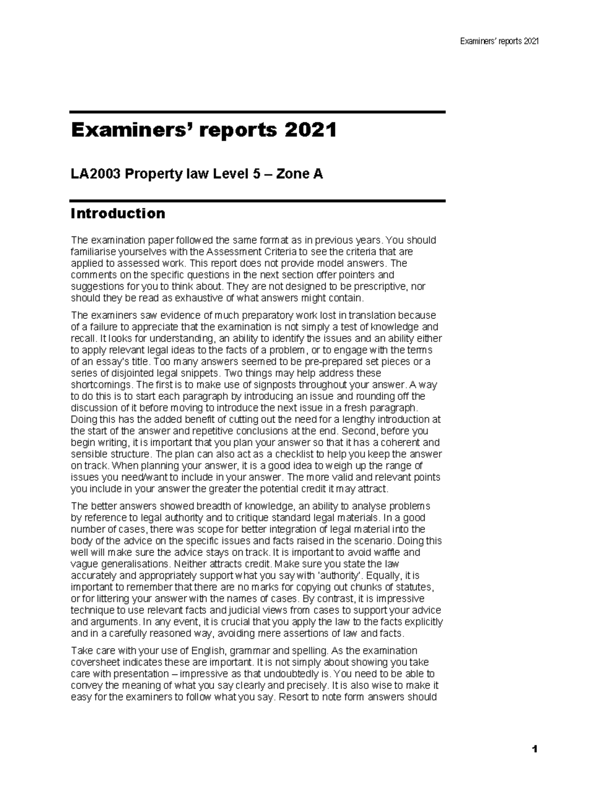 Property L5 report 2021 A Examiners’ reports 20 21 Examiners’ reports 2021 LA2003 Property law
