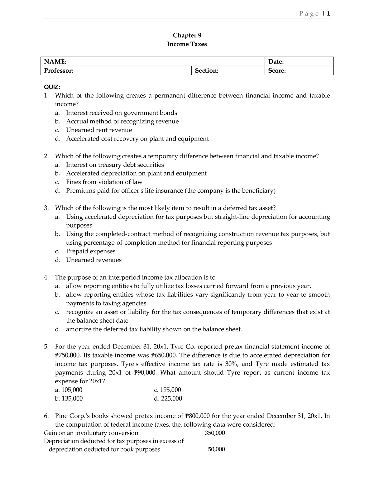 QUIZ Chapter 9 Income Taxes 2021 - P A G E | 1 Chapter 9 Income Taxes ...