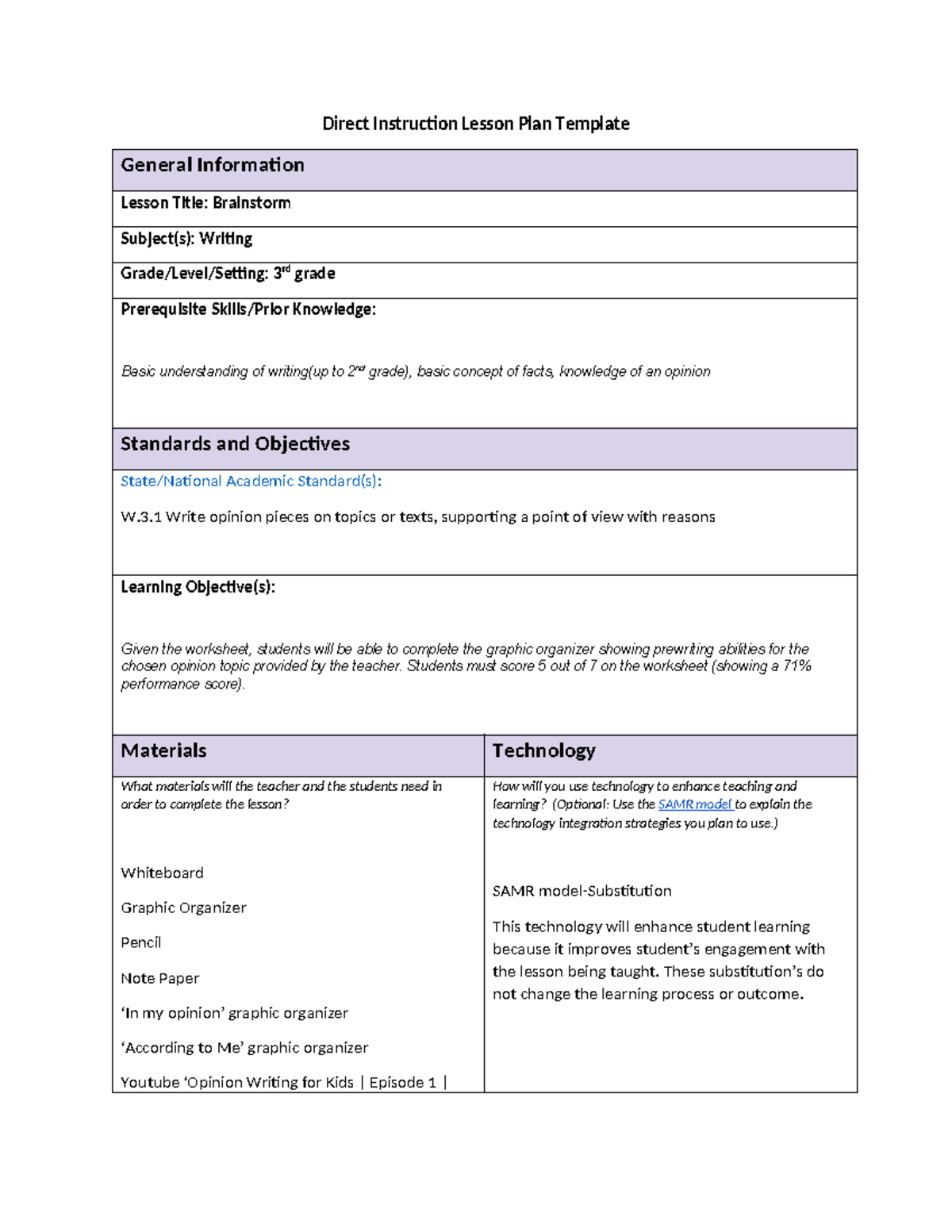 TASK 1 Language ARTS Instruction Lesson PLAN - Direct Instruction ...