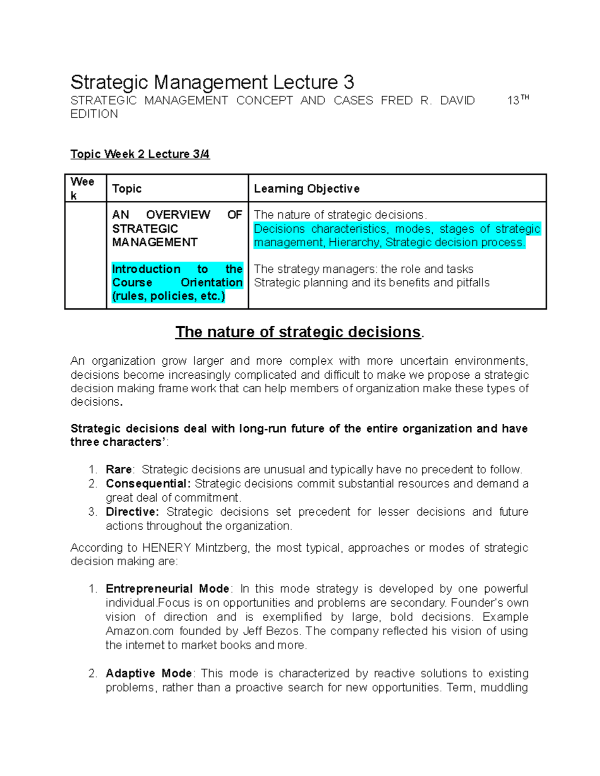 Strategic Management Lecture 3 - DAVID 13 TH EDITION Topic Week 2 ...