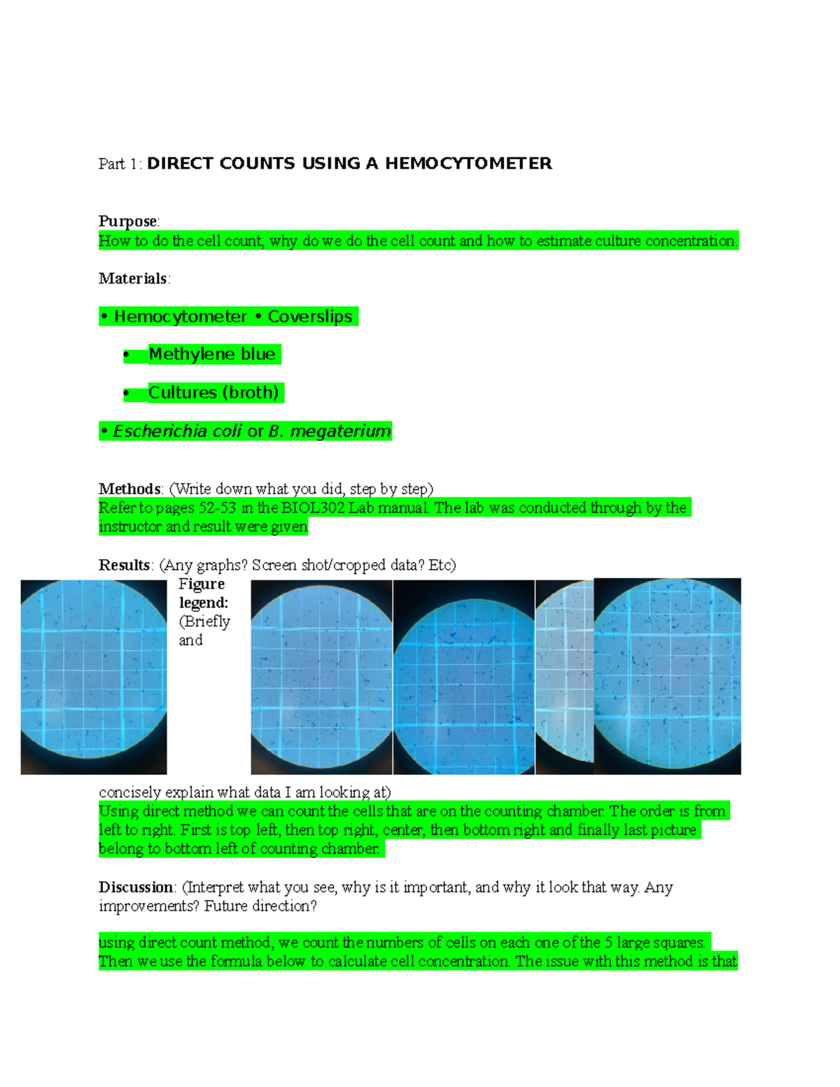Bacterial Quantification Part 1 DIRECT COUNTS USING A HEMOCYTOMETER Purpose How to do the