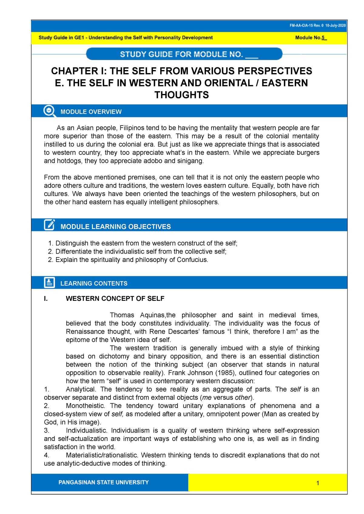 GE1-Module-5-Eastern-Western-Thought.docx - 5 CHAPTER I: THE SELF FROM ...