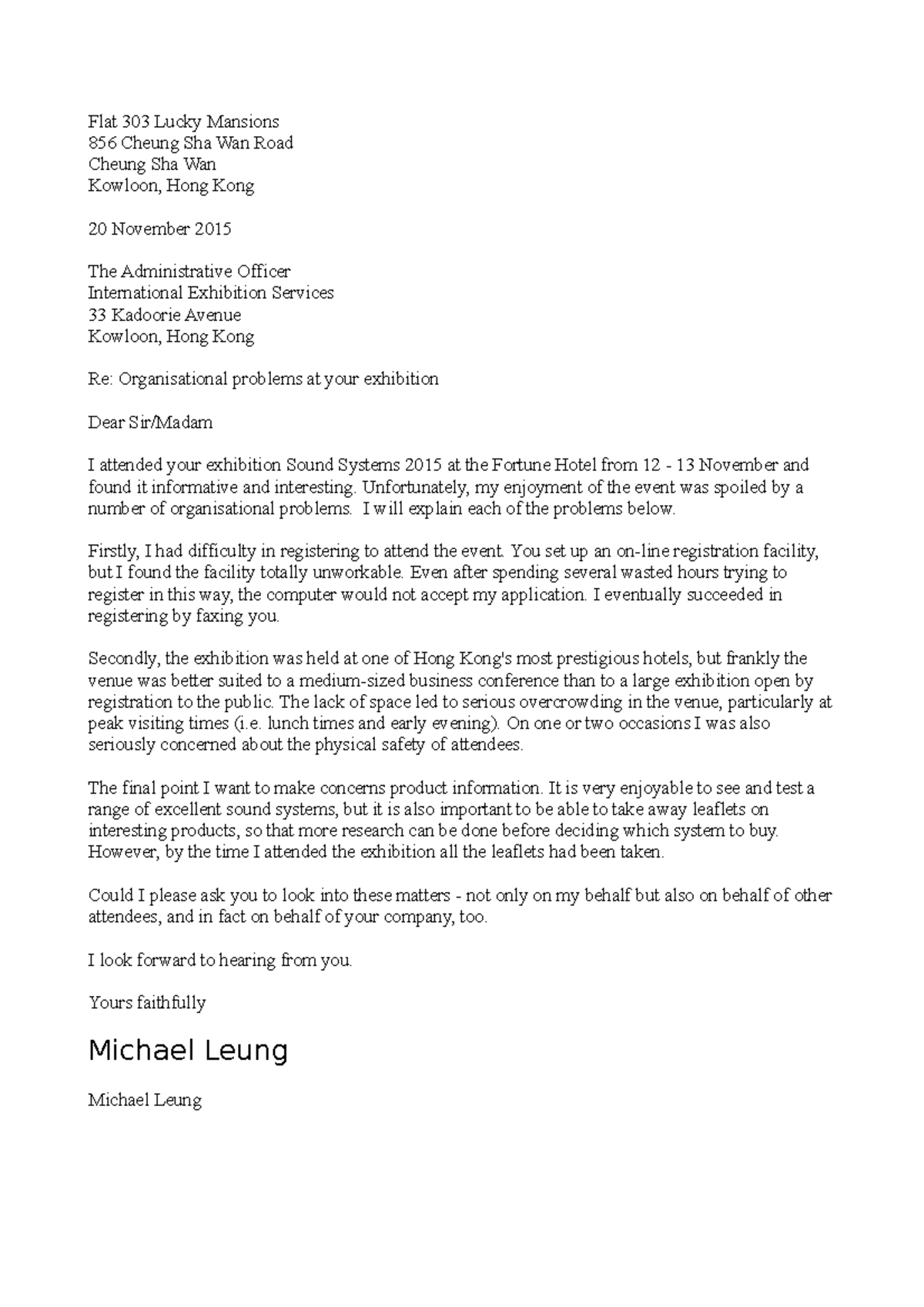 Complaint Letter Exercise Key And Example Flat 303 Lucky Mansions 856 Cheung Sha Wan Road