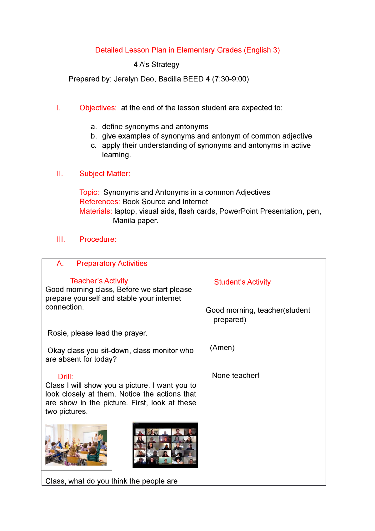 Weekly 1 Final English 3 Synonyms AND Antonyms Detailed Lesson Plan 