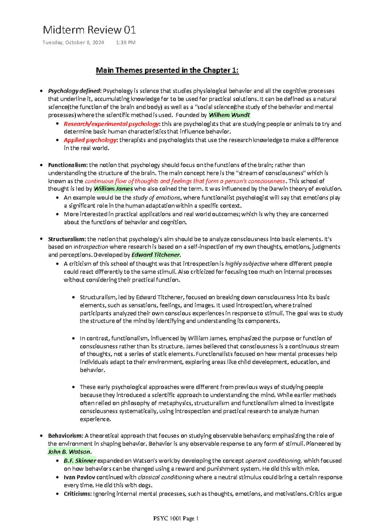 Midterm Review 01 - Main Themes presented in the Chapter 1: Psychology ...