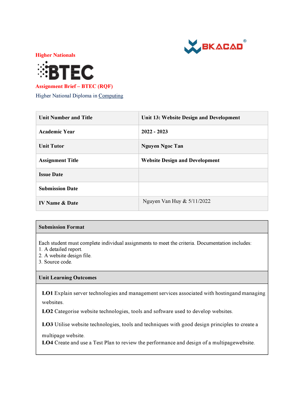 Website Design Development - Assignment 2022 - Higher Nationals ...