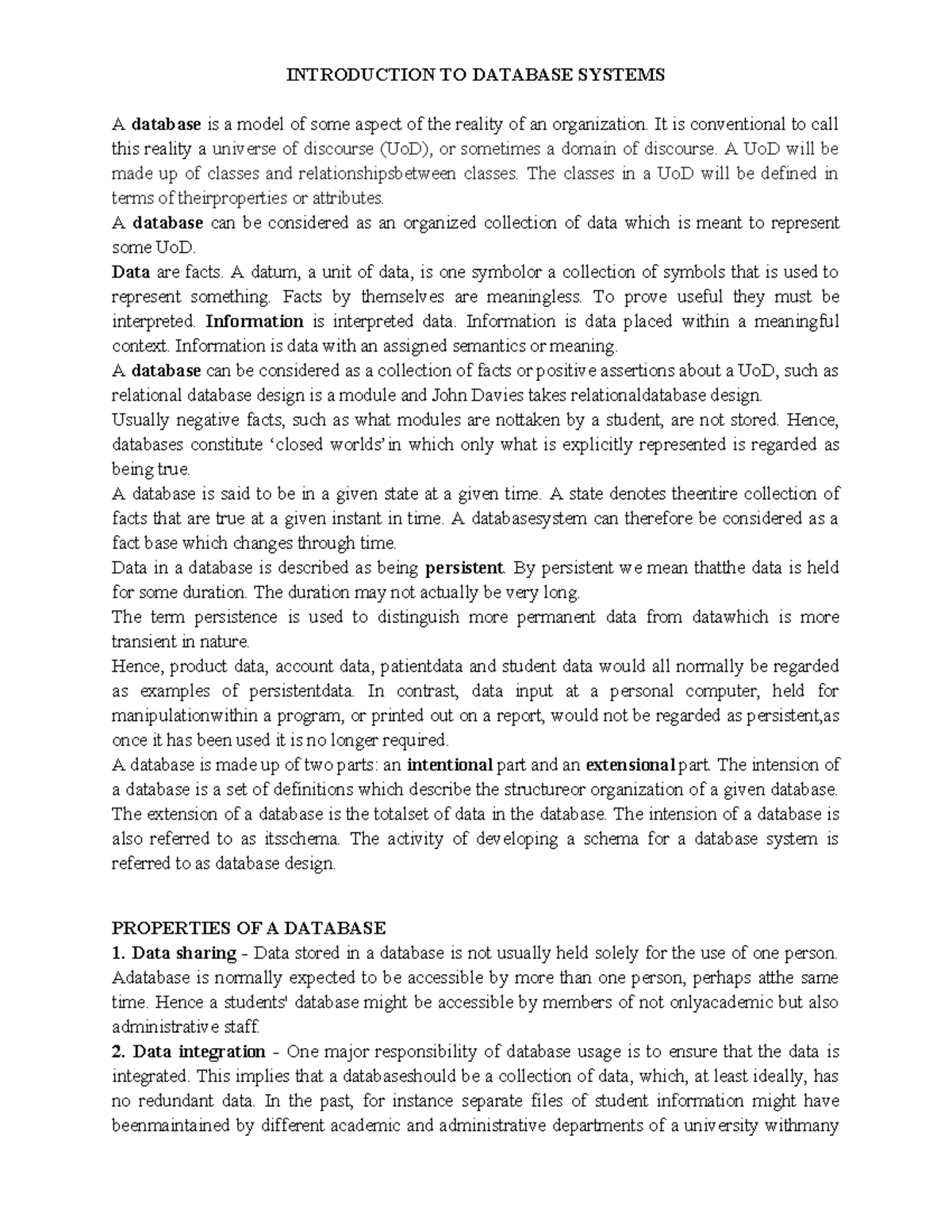 IT Database notes - INTRODUCTION TO DATABASE SYSTEMS A database is a ...