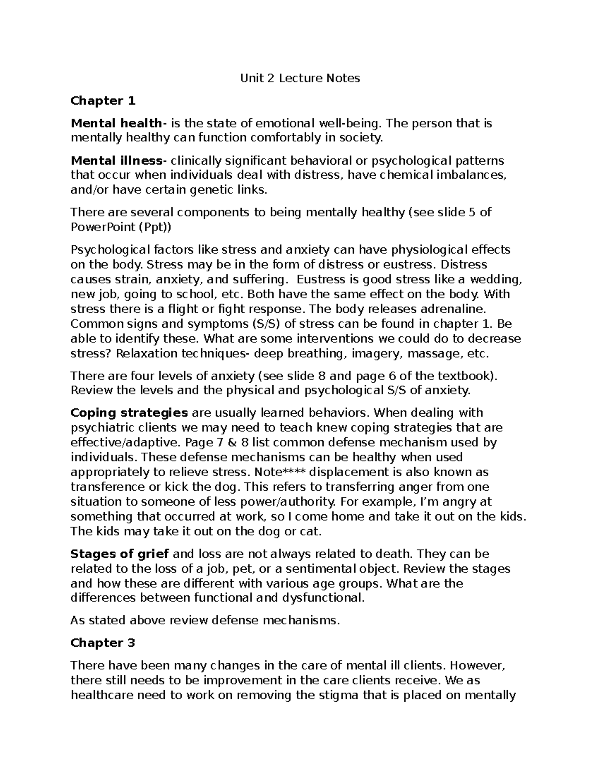 RN Unit 2 Lecture Notes-Revised - Unit 2 Lecture Notes Chapter 1 Mental ...