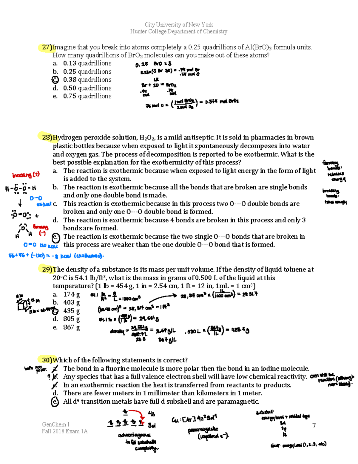 General Chemistry I 2018 Exam 1 Part 6 - City University of New York ...