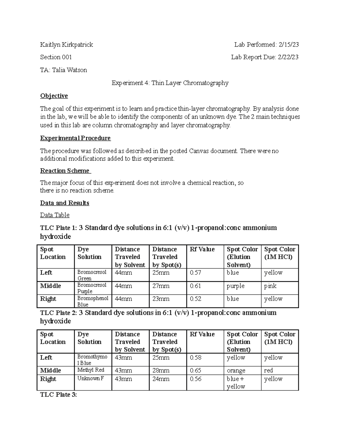 Thin Layer Chromatography Lab 4 Kaitlyn Kirkpatrick Lab Performed 2