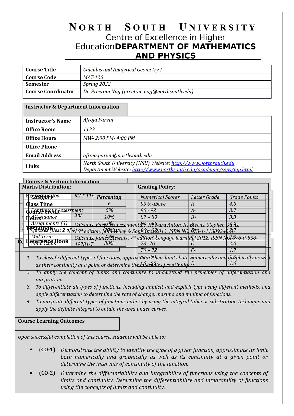 MAT120 Course Outline(2nd Sem) - Course Title Calculus And Analytical ...