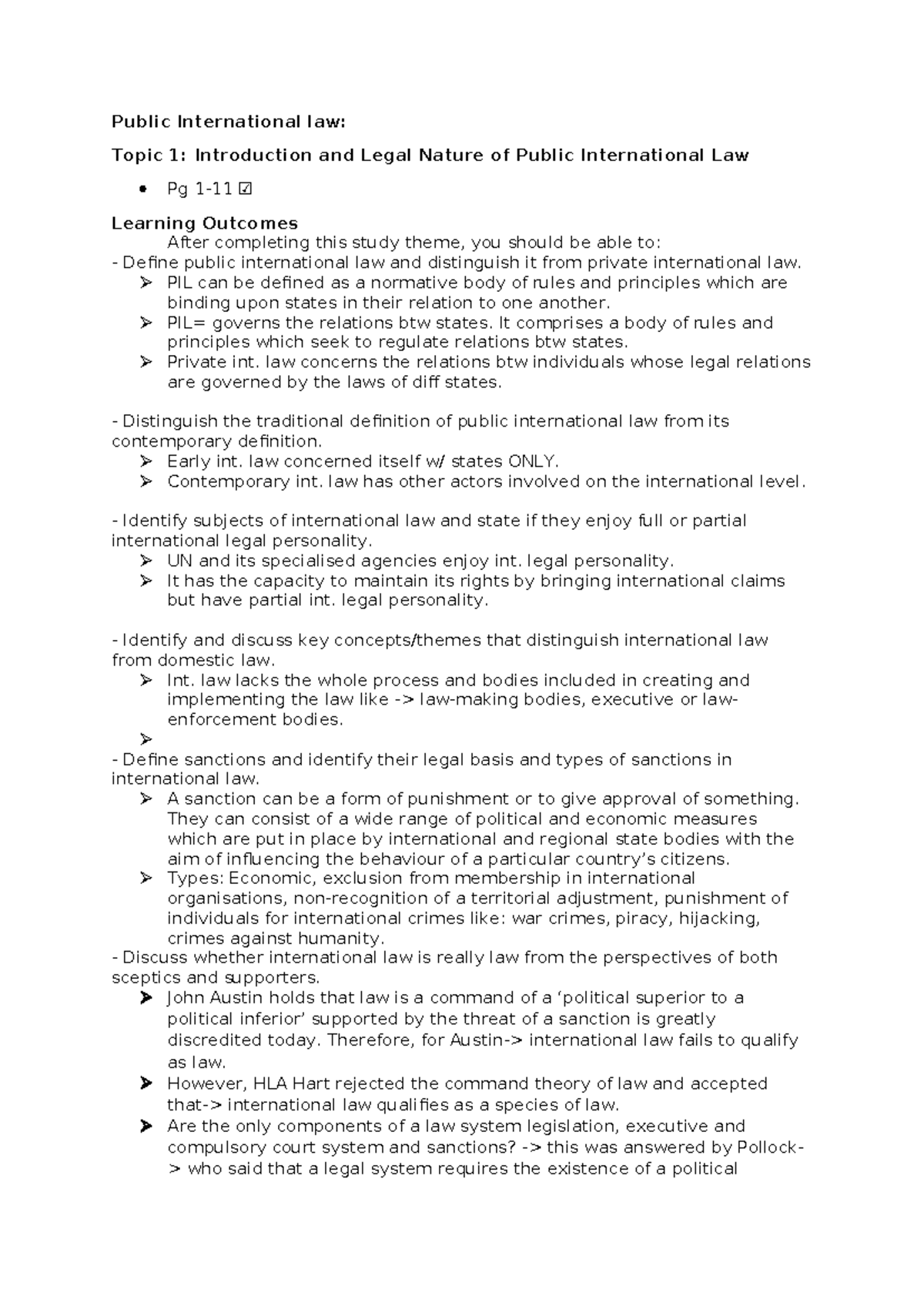 PIL Topic 1-4 notes - Public International law: Topic 1: Introduction ...