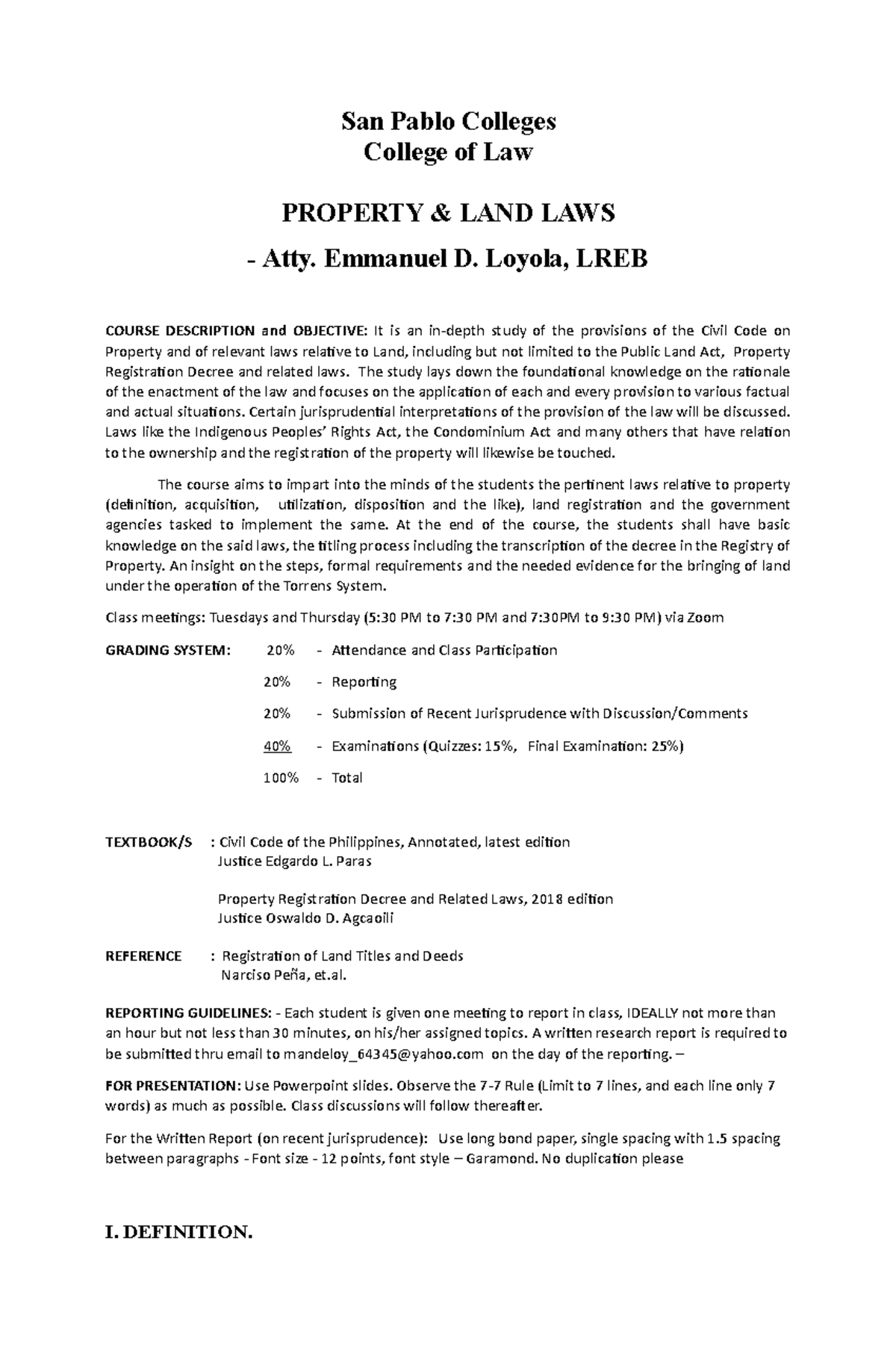 Syllabus - San Pablo Colleges College of Law PROPERTY & LAND LAWS ...