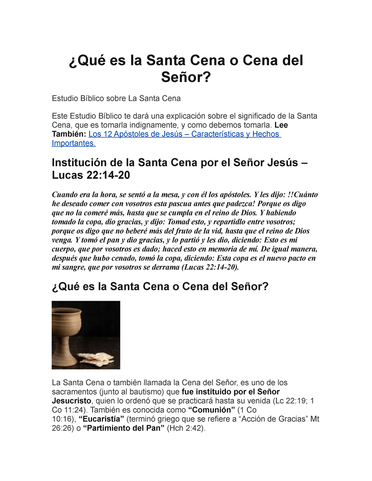 Qué es la Santa Cena o Cena del Señor - ¿Qué es la Santa Cena o Cena del  Señor? Estudio Bíblico - Studocu