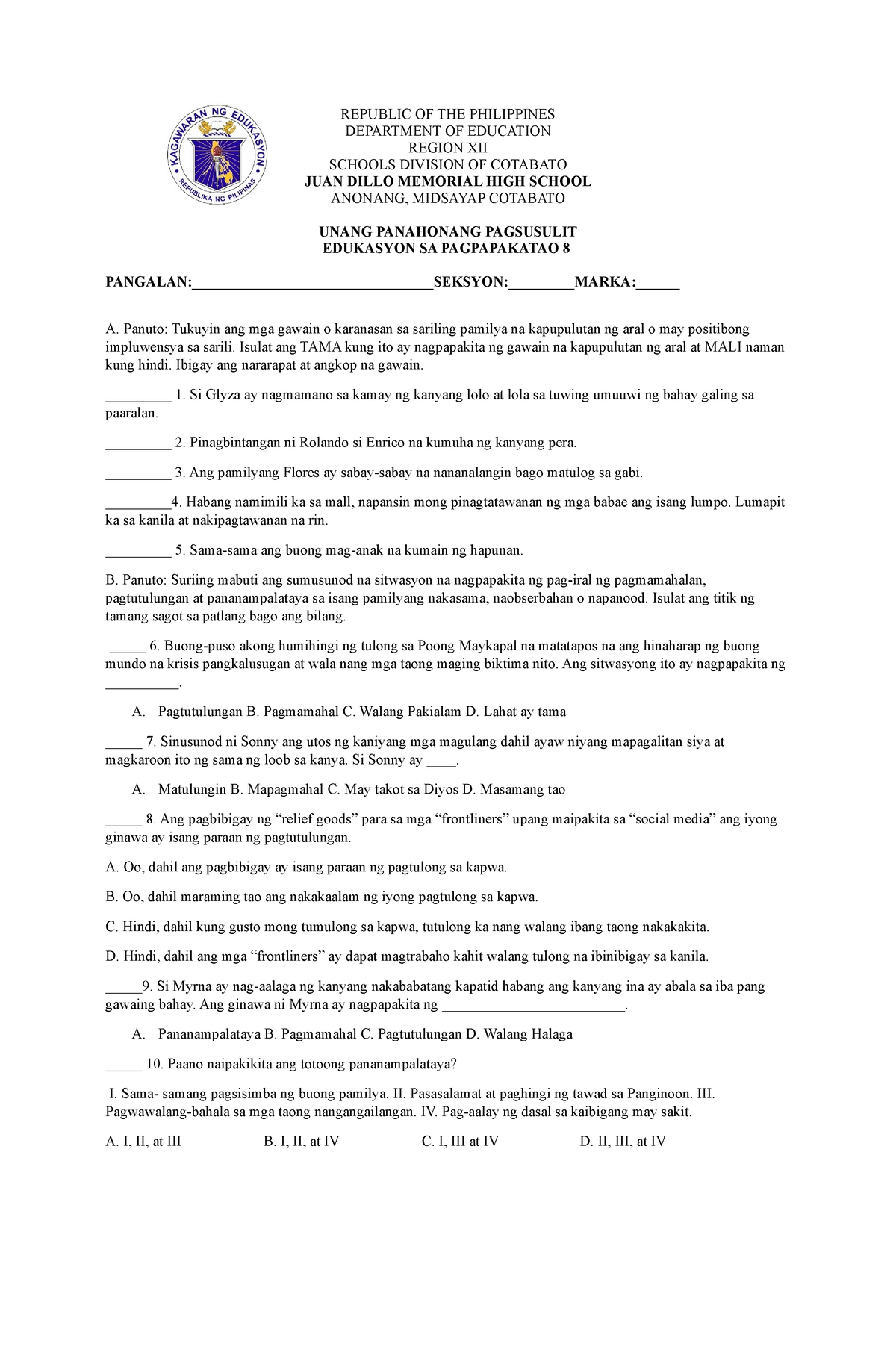 Quarter 1 ESP 8 EXAM - Exam - REPUBLIC OF THE PHILIPPINES DEPARTMENT OF ...