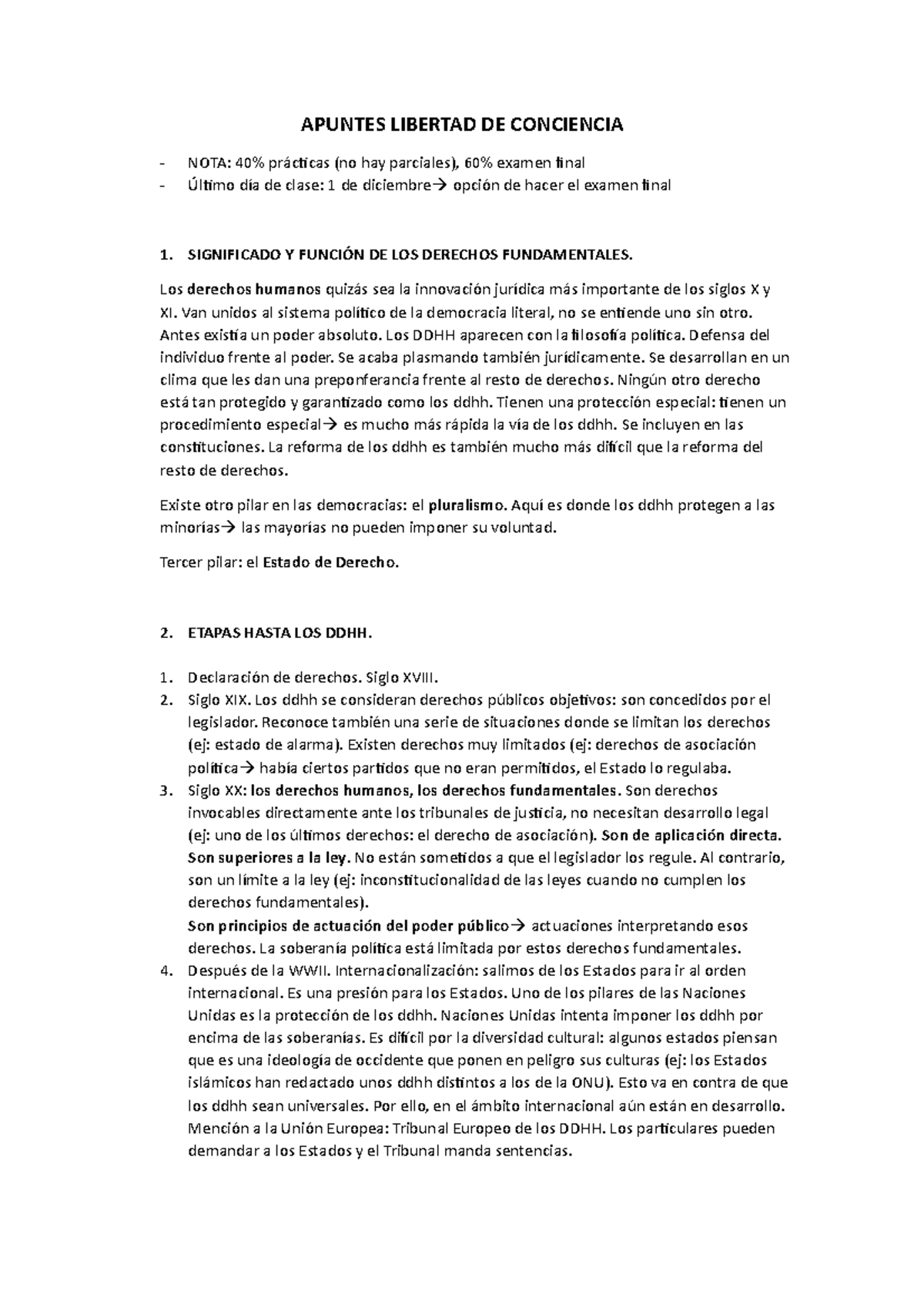 Apuntes Magistral - APUNTES LIBERTAD DE CONCIENCIA NOTA: 40% Prácticas ...