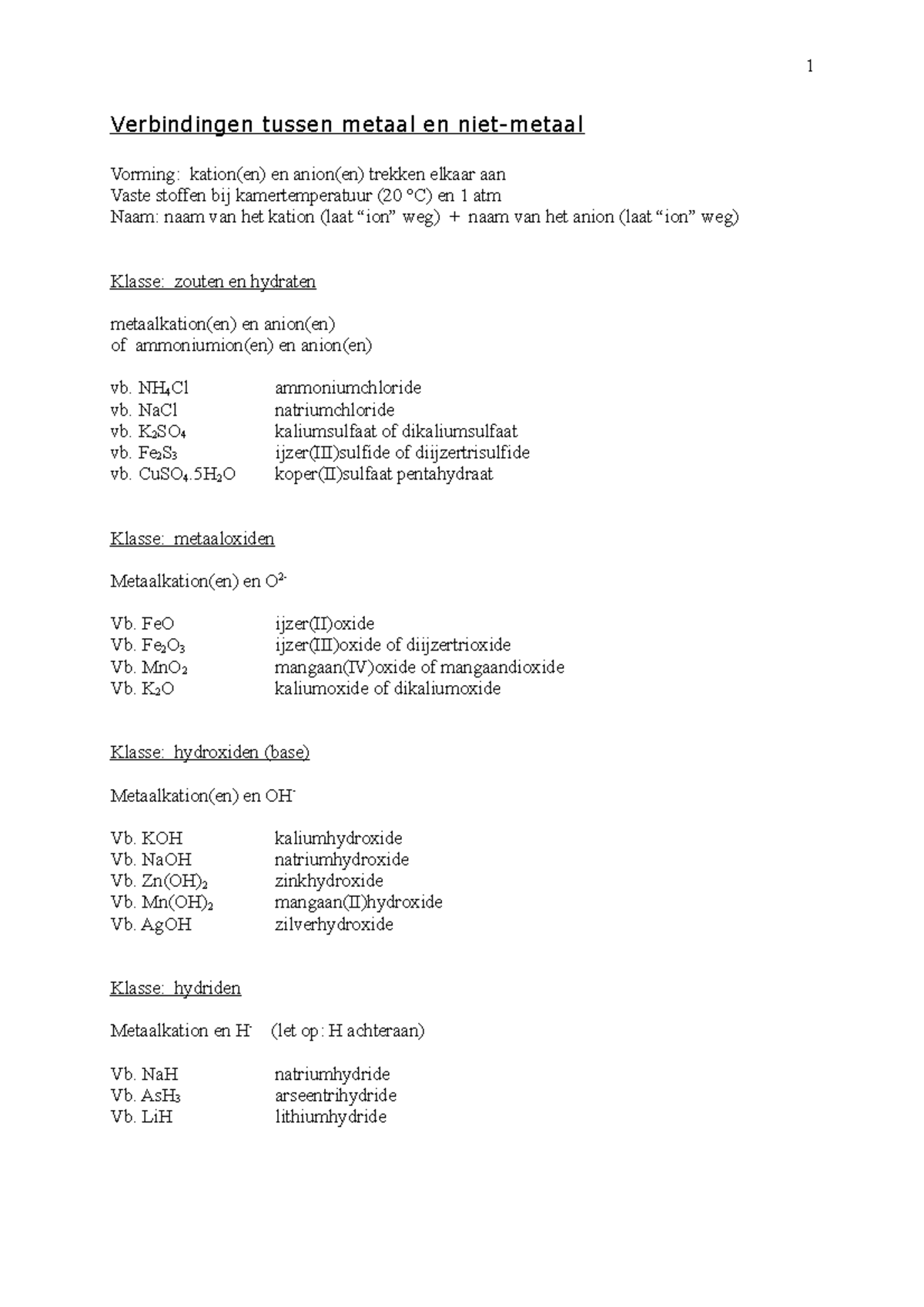 Overzicht verbindingen 1 - Verbindingen tussen metaal en niet-metaal ...