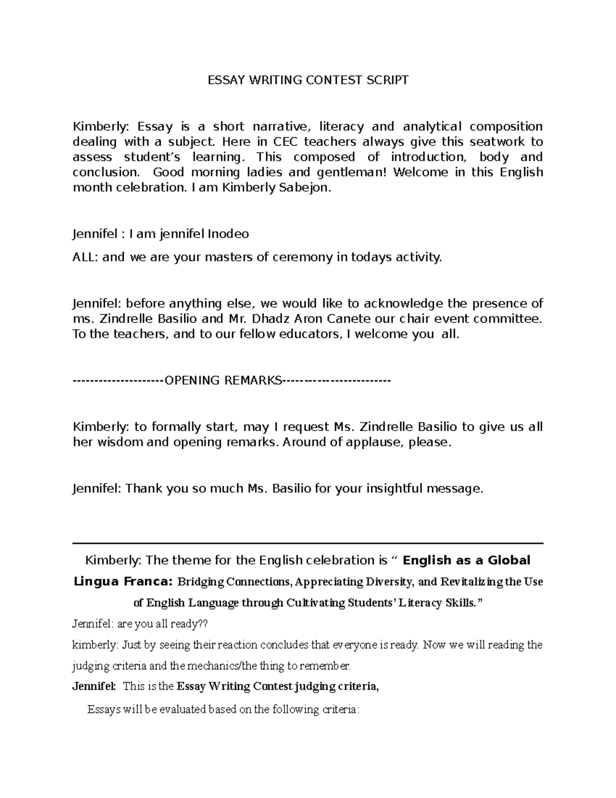 Essay Writing Contest Script - ESSAY WRITING CONTEST SCRIPT Kimberly ...