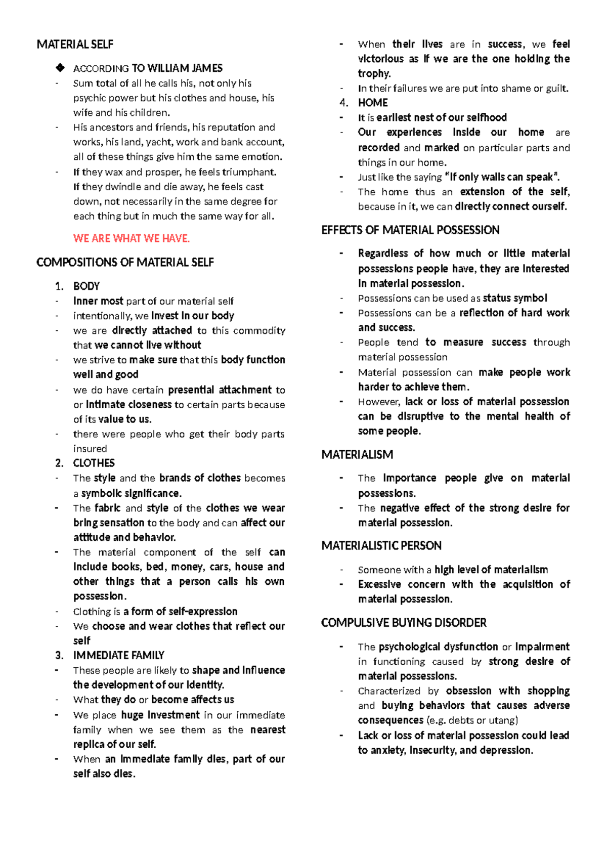 Material Self Lesson - MATERIAL SELF ACCORDING TO WILLIAM JAMES Sum ...