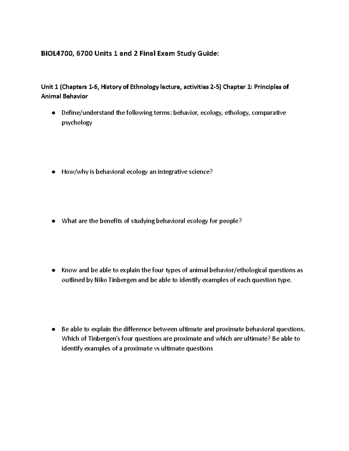 Behavioral Ecology Study Guide - BIOL4700, 6700 Units 1 and 2 Final ...