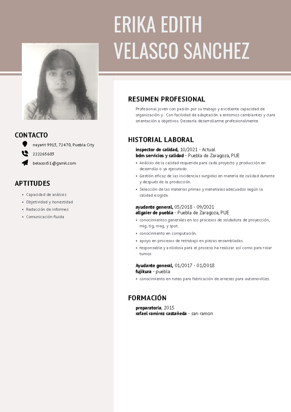 Erika edith velasco sanchez CV - CONTACTO nayarit 9913, 72470, Puebla ...