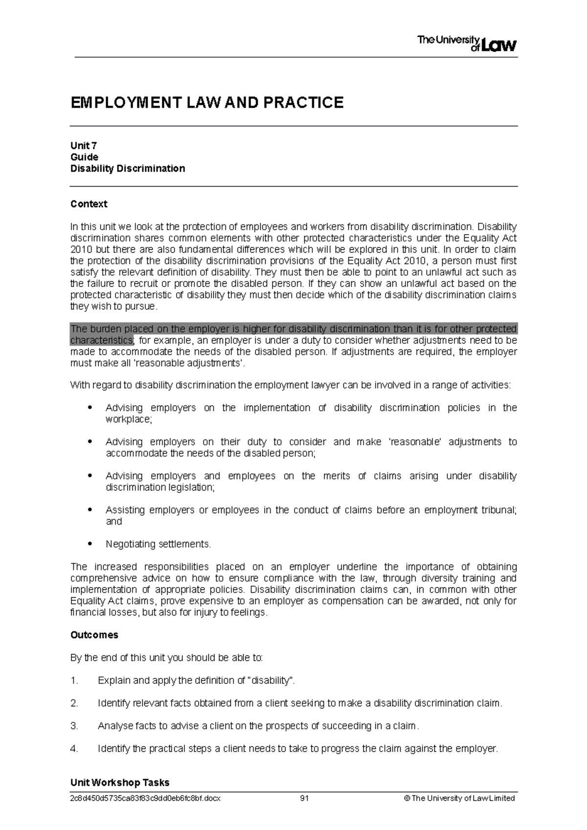 7 - Disability Discrimination - EMPLOYMENT LAW AND PRACTICE Unit 7 ...