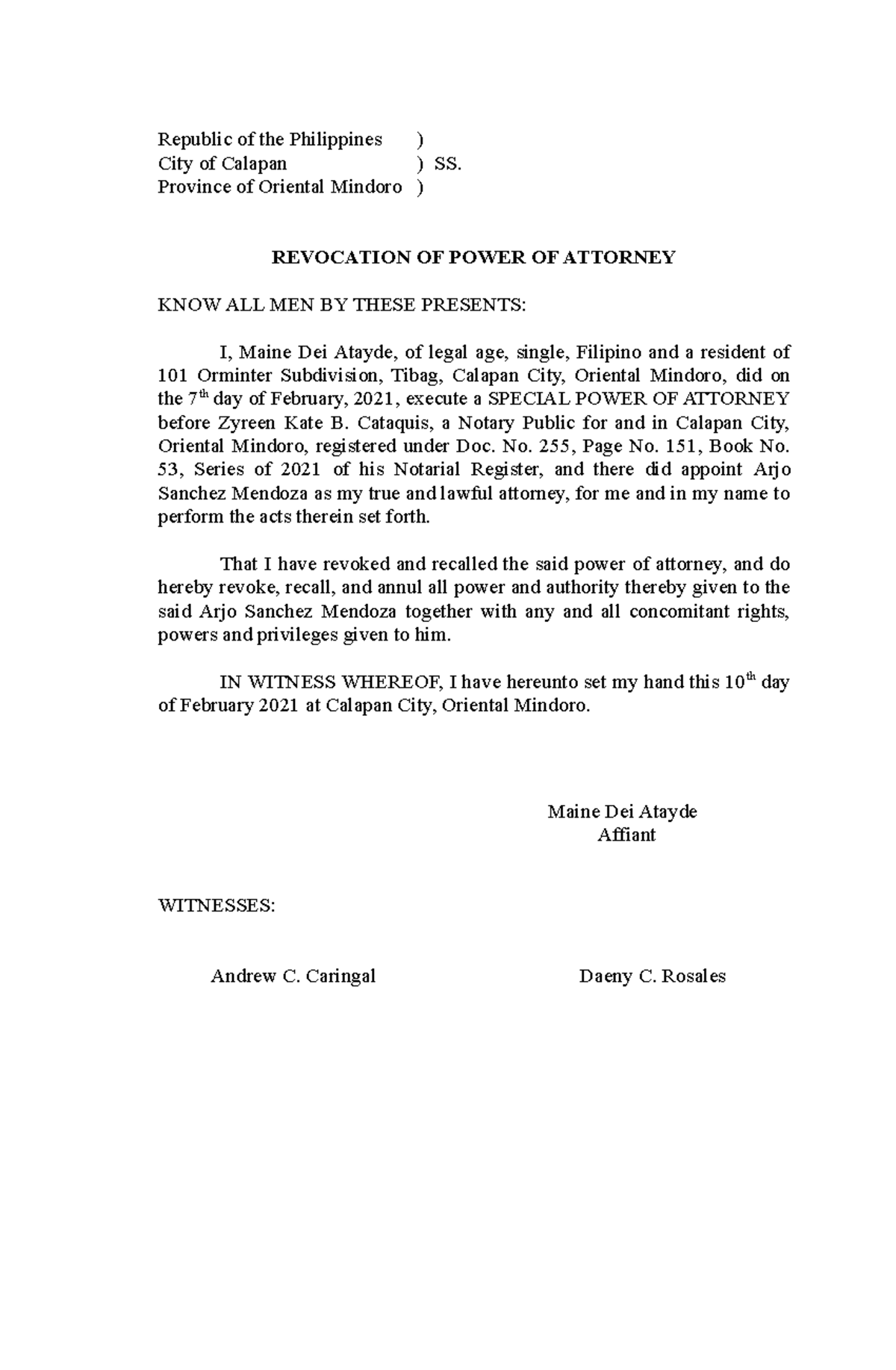 7. Revocation of Power of Attorney - Republic of the Philippines ) City ...