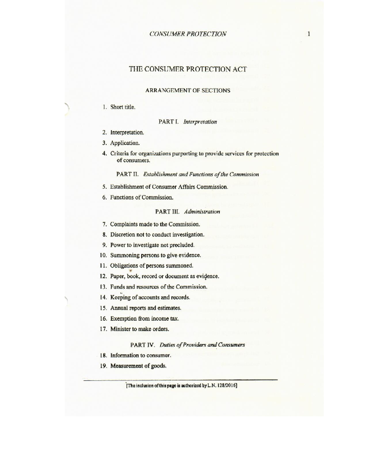 The Consumer Protection Act 0 - CONSUMER PROTECTION 11 9.-(1) The ...