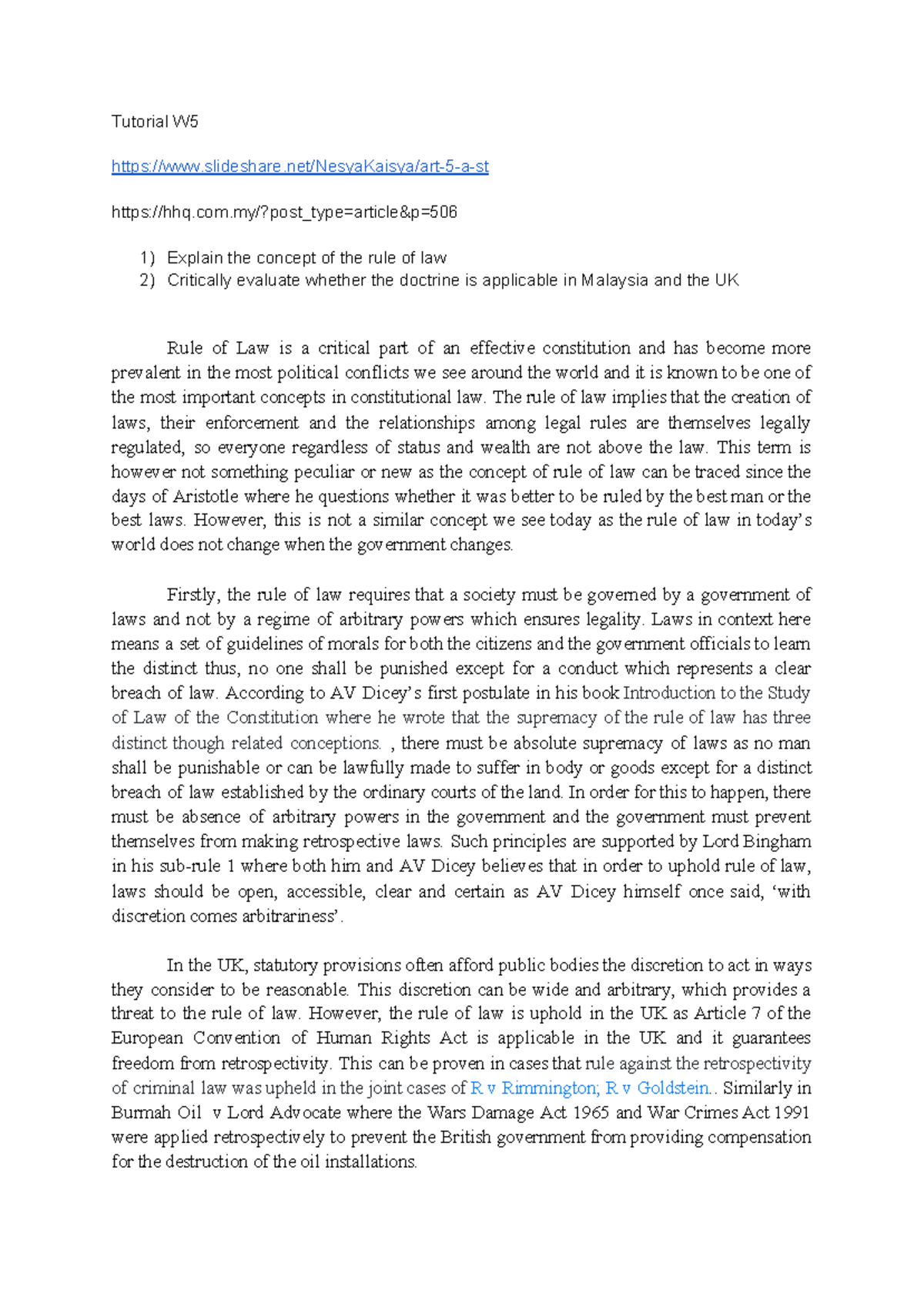 Tutorial W5 Rule of Law is a critical part of an effective constitution and has Studocu