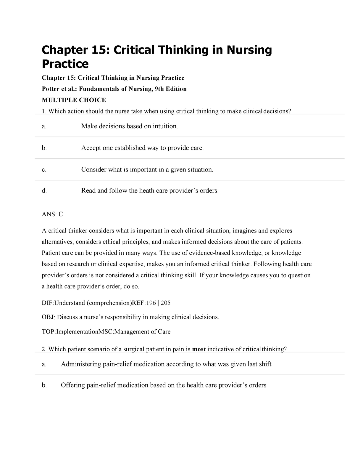 chapter 15 critical thinking in nursing practice quizlet