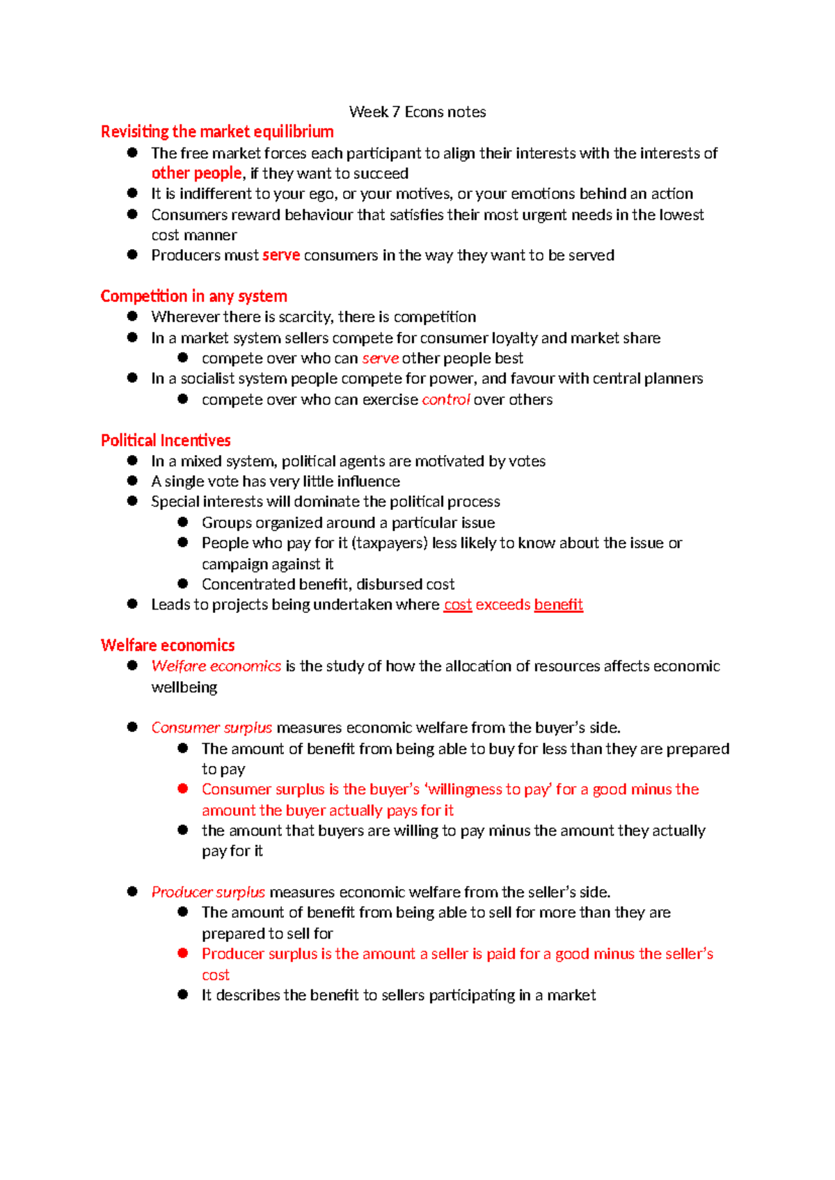 Week 7 Econs notes - Week 7 Econs notes Revisiting the market ...
