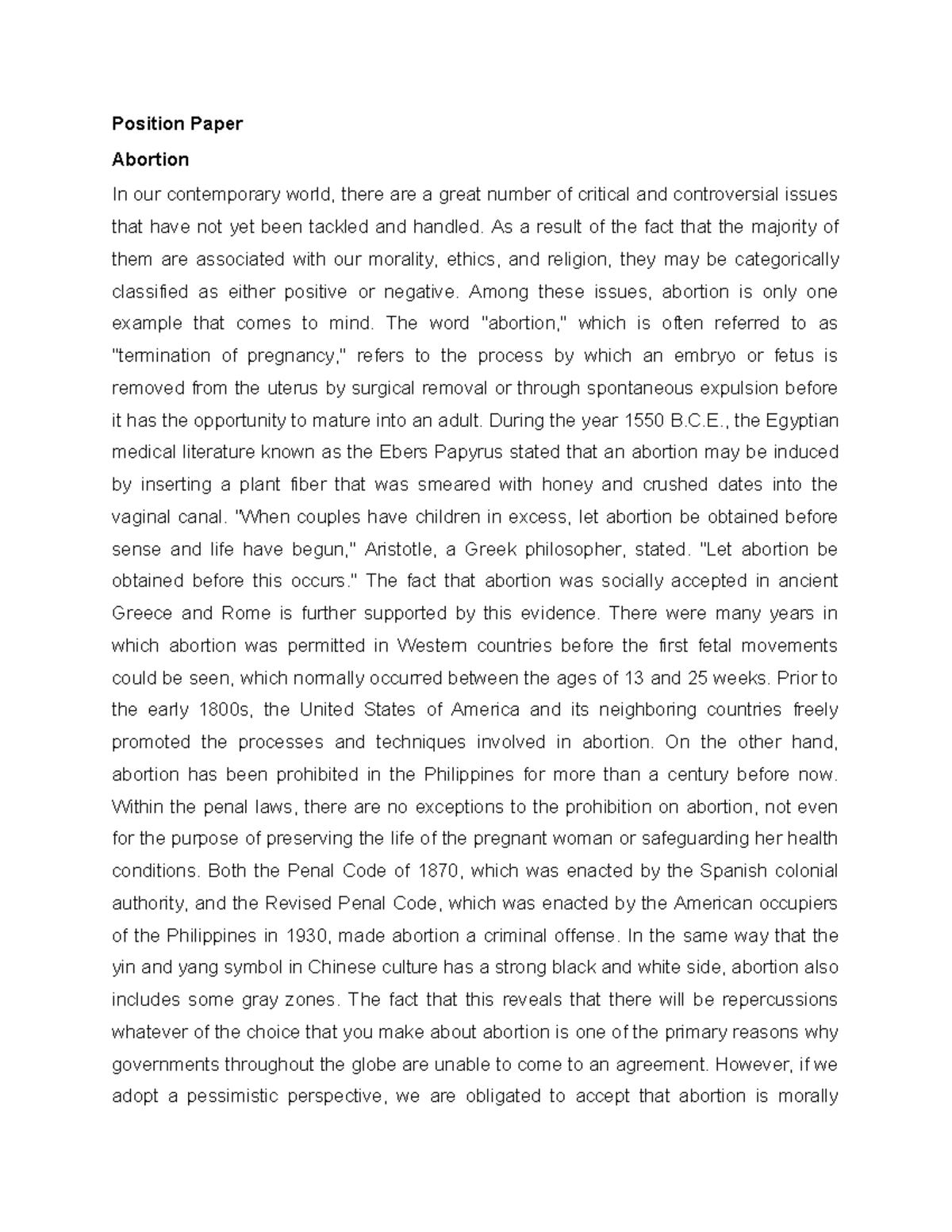Elaycha - sdadsadasdas - Position Paper Abortion In our contemporary ...