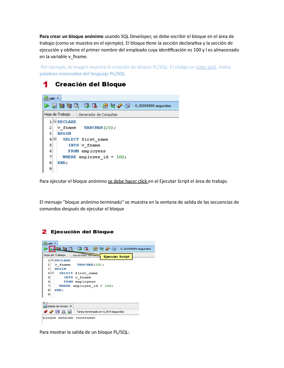 PL SQL Bloques y Tipos de Bloques Para crear un bloque an nimo